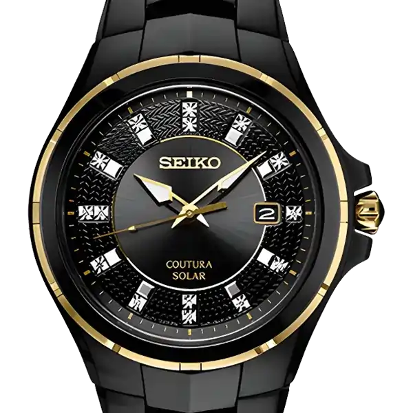 Seiko Coutura men’s watch featuring black dial and diamond markers