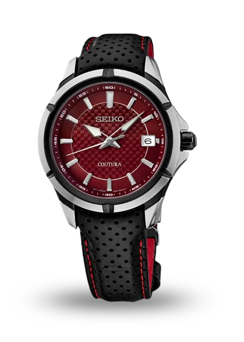 Red-dial Seiko Coutura watch with black perforated strap and red stitching