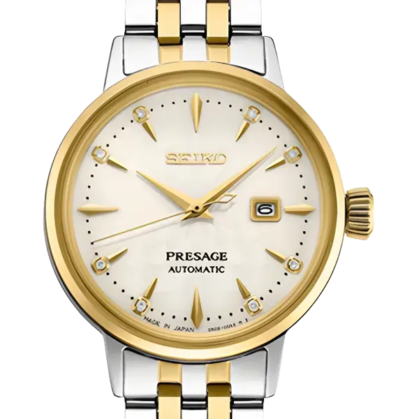 Seiko Presage two-tone automatic watch with white dial and gold marker