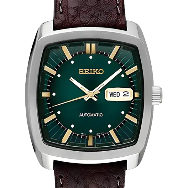 Seiko Recraft Series green retro-style dial watch with brown strap