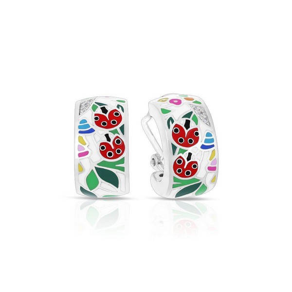 Silver hoop earrings with colorful enamel ladybug and leaf design.