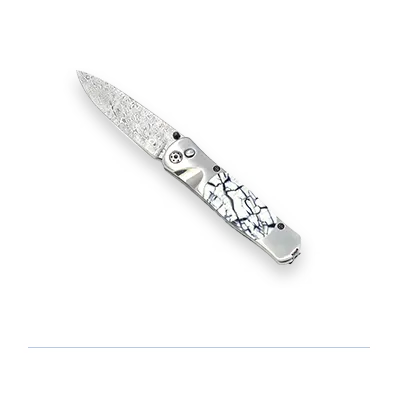 Santa Fe Stoneworks Tesoro Push Button Collection: 4 ¼” button lock 3 ¼” Bi-Frost Damascus steel blade